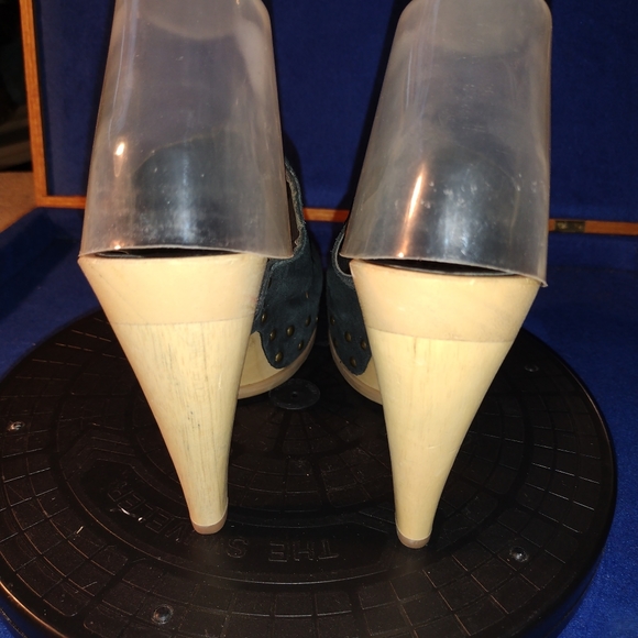 Steve Madden Barc Black Suede Leather Open Toe 5" High Wooden Clog Heels-Sz. 10B - Picture 5 of 10